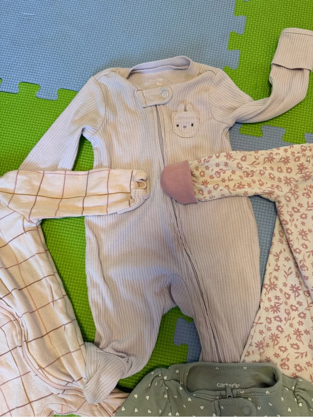 Mixed Girls Footie Sleepers in Pink and Green - Set of 5